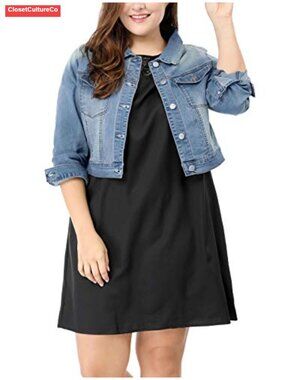 Women's Plus Size Cropped Denim Jacket Button Closure Long Sleeve
